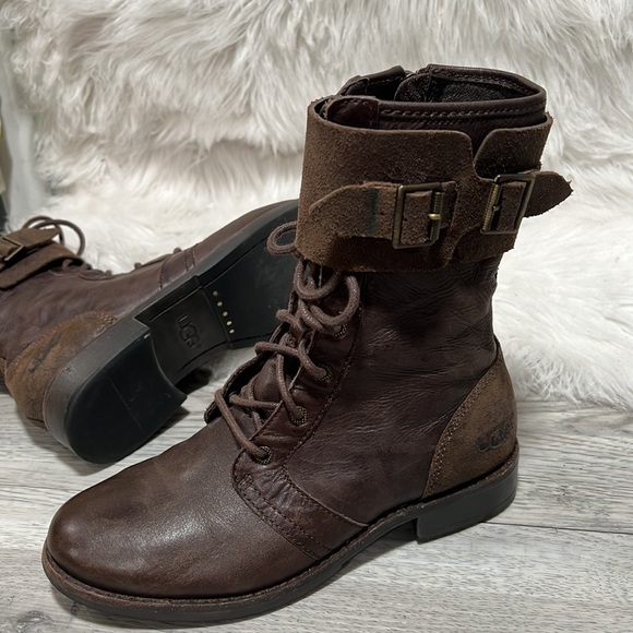 UGG MAAVERIK LODGE BROWN TEXTURED LEATHER BUCKLE BOOTS, WOMEN US 6 - Picture 6 of 10